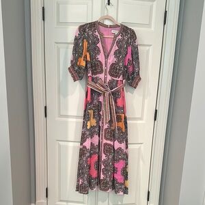 Pink and Orange Wrap Tie Front Midi Sundress